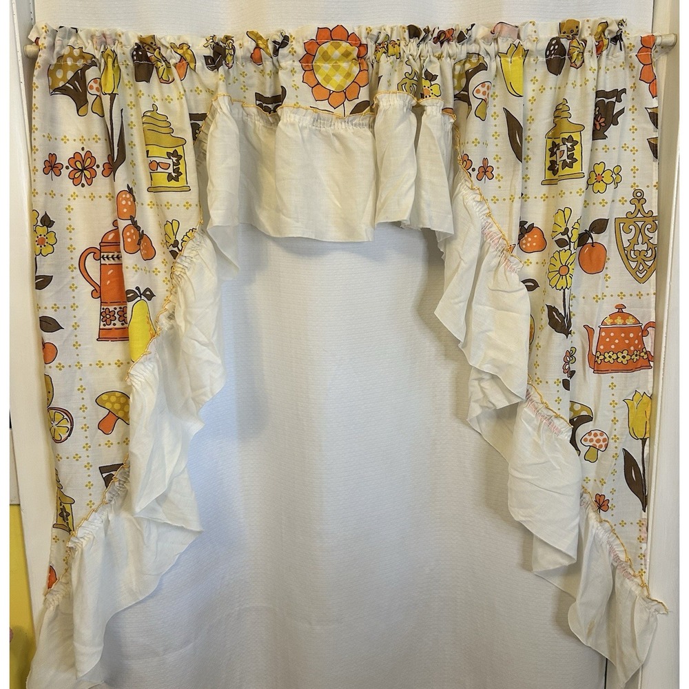 VTG 70s 80s Kitchen Curtains Ruffled Mushrooms Strawberry Floral